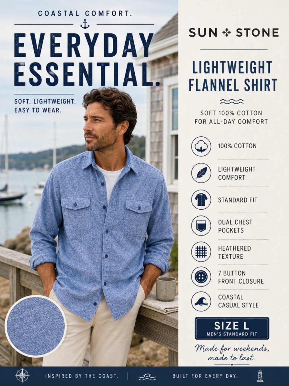 Sun + Stone Blue Flannel Shirt Men’s L Soft Cotton Coastal Casual